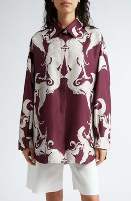 Valentino Garavani Mermaid Pattern Silk Faille Button-Up Shirt Jacket in Amarone/Perla