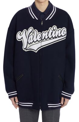 Valentino Garavani Oversize Wool Varsity Letterman Jacket in 598 - Navy