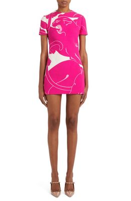 Valentino Garavani Panther Print Short Sleeve Crepe Couture Minidress in Milk/Pink