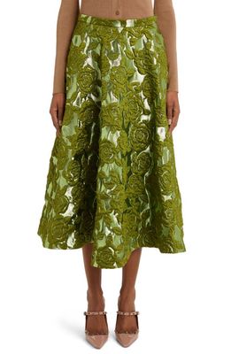 Valentino Garavani Rose Moiré Metallic Brocade A-Line Skirt in Celery Green