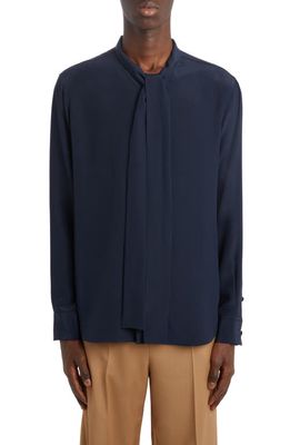 Valentino Garavani Tie Neck Silk Button-Up Shirt in Navy