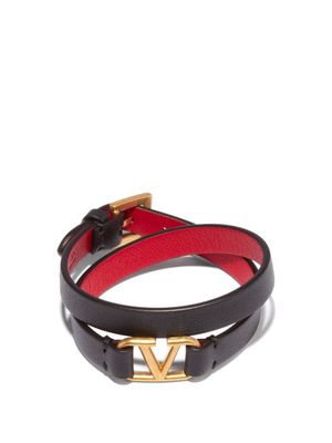 Valentino Garavani - V-logo Double-wrap Leather Bracelet - Womens - Black Red