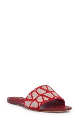 Valentino Garavani VLOGO Canvas Slide Sandal in Naturale/Rosso
