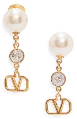 Valentino Garavani VLOGO Imitation Pearl & Crystal Drop Earrings in Y49 Oro 18/Cream/Crystal