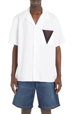 Valentino Logo Patch Cotton Poplin Camp Shirt in Bianco/Nero/Bordeaux