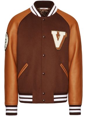 Valentino logo-patch leather sleeve bomber jacket - Brown