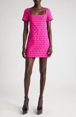 Valentino Logo Print Square Neck Virgin Wool & Silk Minidress in Pink