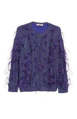 Valentino Metallic Feather Cardigan in Passion Ink