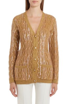 Valentino Metallic Sequin Embroidered Mohair Blend Cardigan in 953-Cammello/Oro