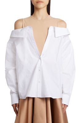 Valentino Off the Shoulder Sartorial Poplin Button-Up Shirt with Jersey Bib in Bianco/Light Camel