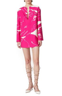 Valentino Panther Print Long Sleeve Crepe Couture Minidress in Milk/Pink