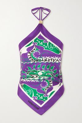 Valentino - Printed Silk-twill Halterneck Top - Purple