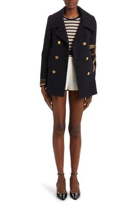 Valentino Sequin Embroidered Double Breasted Wool Blend Peacoat in Navy/Gold