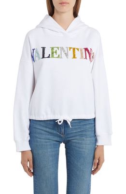 Valentino Sequin Logo Cotton Hoodie in 0Bo-Bianco