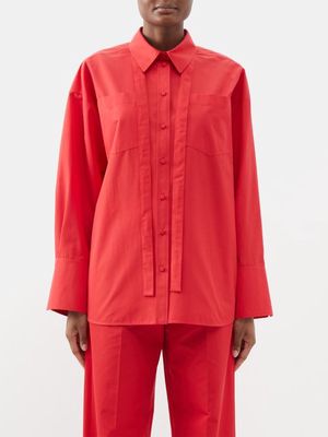 Valentino - Tie-neck Cotton-poplin Shirt - Womens - Red