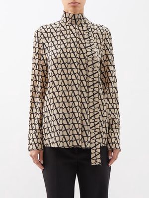 Valentino - Toile Iconographe Silk Crepe De Chine Shirt - Womens - Brown Multi