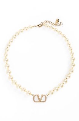 Valentino VLOGO Swarovski Imitation Pearl Necklace in Gold/Crystal Silver/Cream