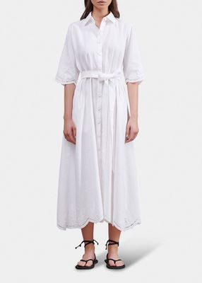 Valerie Floral-Embroidered Scallop Belted Linen Shirtdress