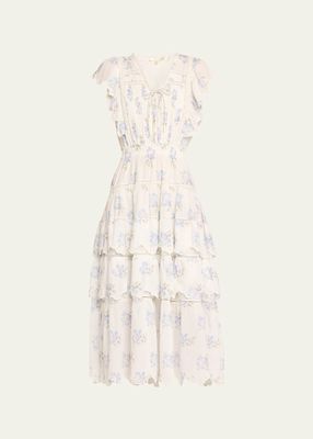 Valina Tiered Flutter-Sleeve Cotton Midi Dress