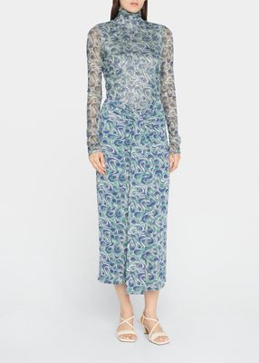 Vallory Draped Swirl-Print Midi Skirt