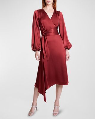 Vanna Faux Wrap Blouson-Sleeve Midi Dress