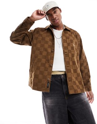 Vans corduroy checkerboard print long sleeve shirt in tonal brown
