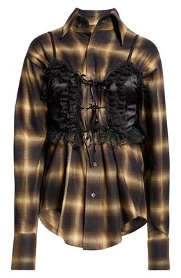Vaquera Bustier Overlay Flannel Button-Up Shirt in Black Check
