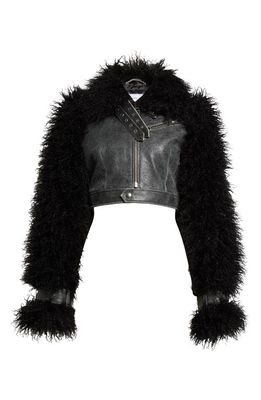 Vaquera Crop Leather Moto Jacket with Faux Fur Sleeves in Black