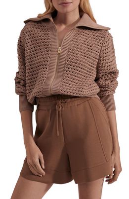 Varley Eloise Open Stitch Cotton Zip-Up Cardigan in Warm Taupe