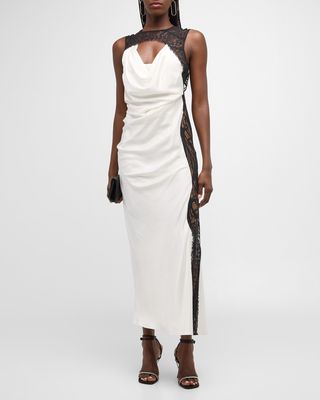 Vea Two-Tone Lace-Trim Cutout Column Gown