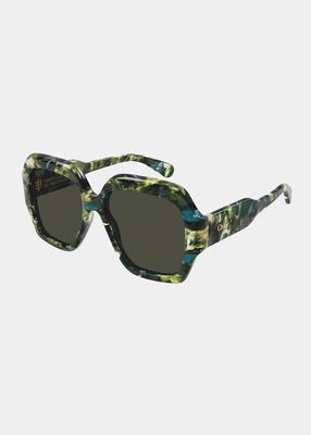 Vegetal Green Patterned Square Acetate Sunglasses