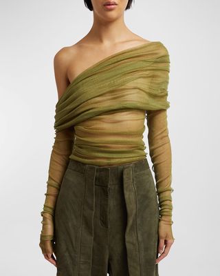 Veiled Ruched One-Shoulder Mesh Top