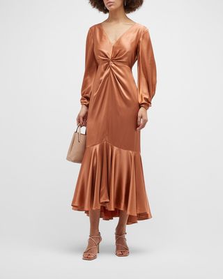 Velda Puff-Sleeve Twisted Satin Flounce Dress