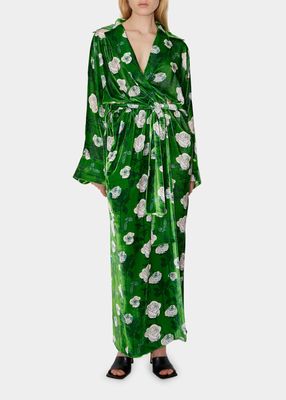 Velvet Flower-Print Belted Robe