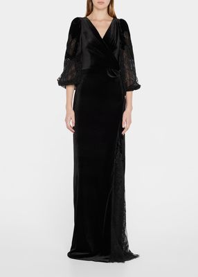 Velvet Lace-Embroidered Column Gown
