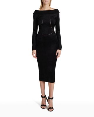 Velvet Off-The-Shoulder Midi Bodycon Dress