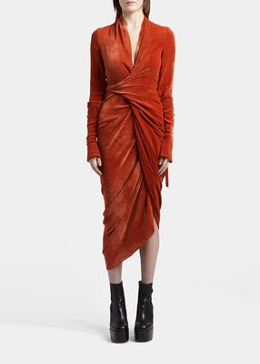 Velvet Wrap Zip-Cuff Midi Dress