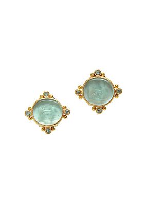 Venetian Glass Intaglio 19K Yellow Gold & Aquamarine Cherub With Lion Stud Earrings