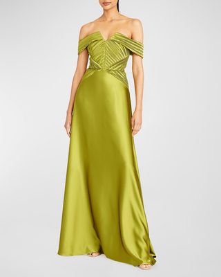 Venus Pleated Off-Shoulder A-Line Gown