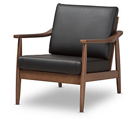 Venza Mid-Century Modern Wood Faux Leather Loun ge Chair