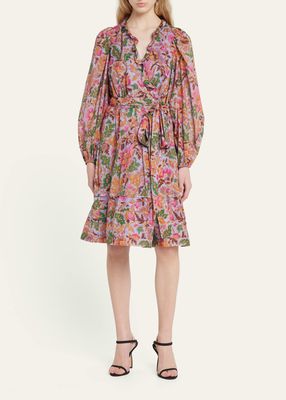 Vera Floral-Print Blouson-Sleeve Midi Dress