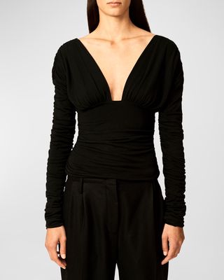 Vera Plunging Ruched Long-Sleeve Top