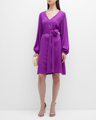 Verbier Belted Blouson-Sleeve Silk Dress