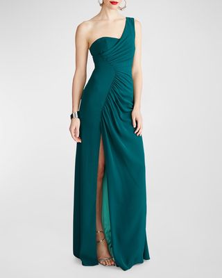 Verdianna Ruched One-Shoulder Crepe Gown