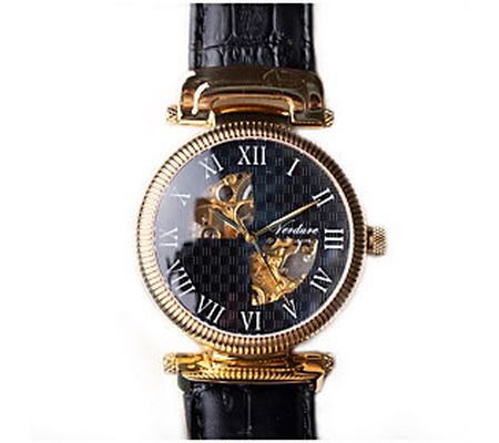 Verdure Men's Automatic Goldtone Black Leather Strap Watch