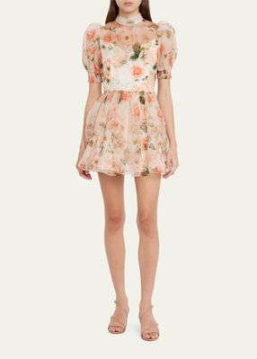 Vernita Puff-Sleeve Floral Organza Mini Dress