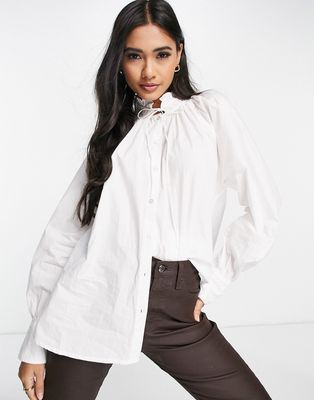 Vero Moda Aware cotton shirt with high neck tie collar in white - WHITE