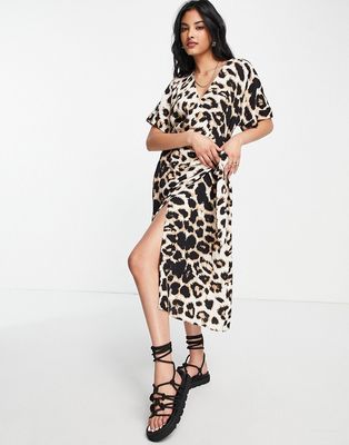 Vero Moda Aware wrap midi dress in leopard print-Multi