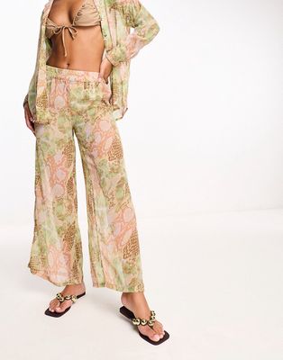 Vero Moda beach pants in pastel snake print -set-Neutral