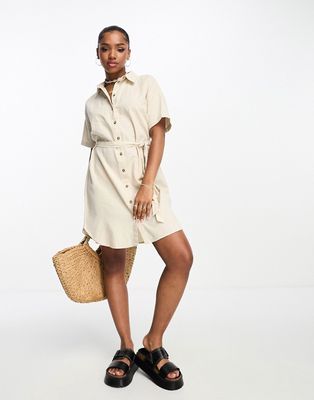 Vero Moda belted linen t-shirt mini dress in stone-Neutral